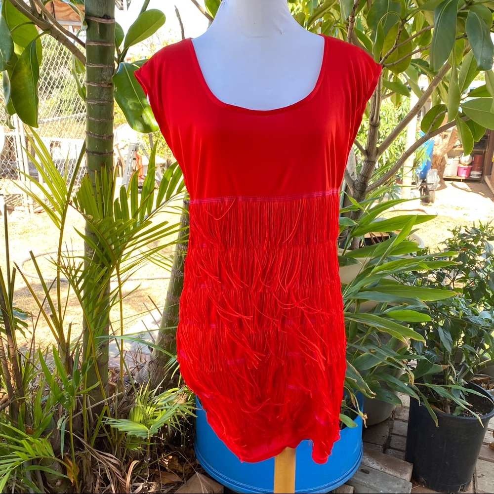 Red tasseled go go dress-no tag or size very well made dress has stretch.